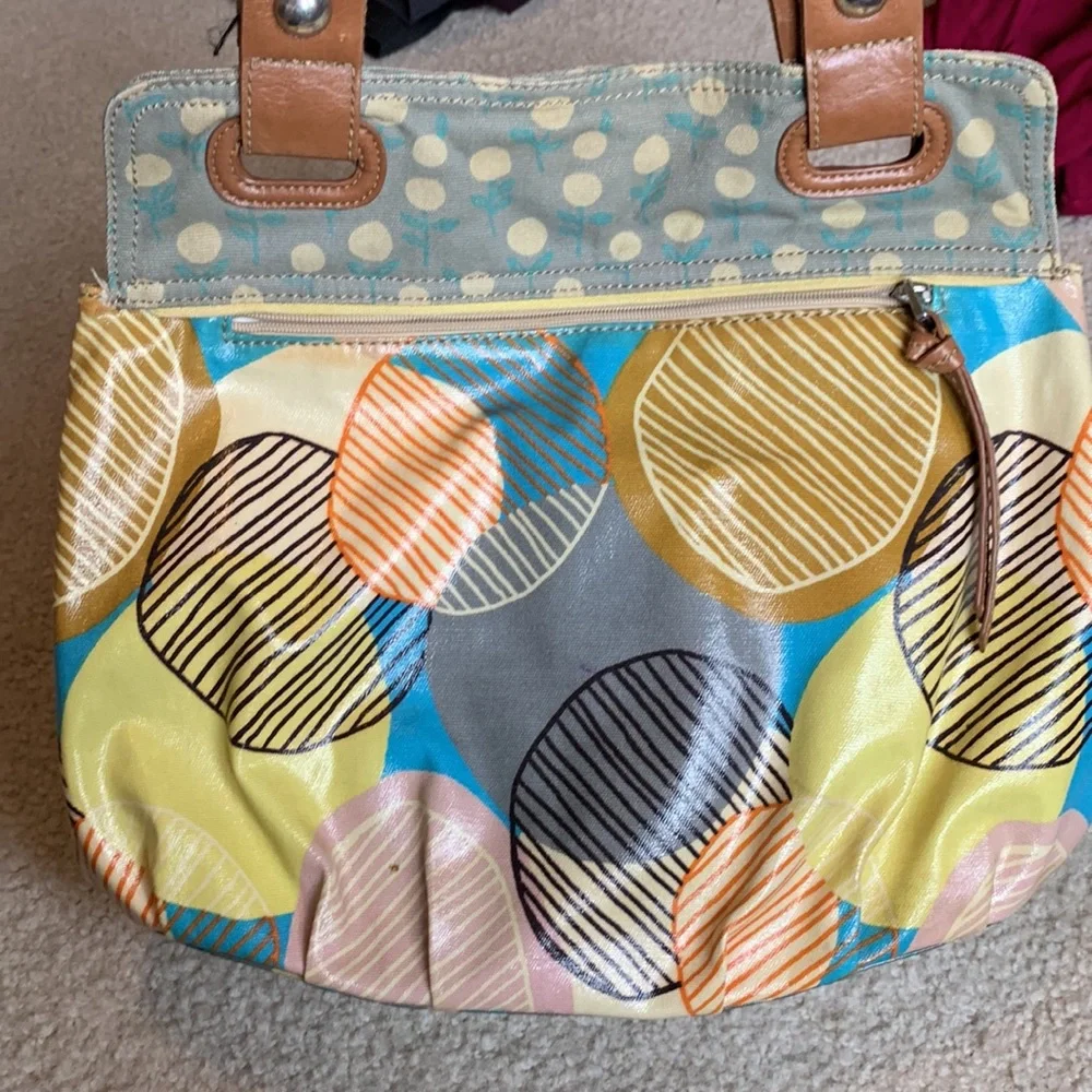 FOSSIL KEYPER waxed canvas w leather trim fun polka dot circle strip pattern - Picture 2 of 9